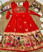 Evanik Red Soft Paithani Silk Zari Weaving Birds Pattern Kids Gown | Grocsy