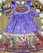 Evanik Purple Soft Paithani Silk Zari Weaving Birds Pattern Kids Gown | Grocsy