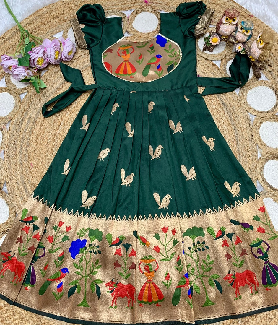 Evanik Green Soft Paithani Silk Zari Weaving Birds Pattern Kids Gown | Grocsy