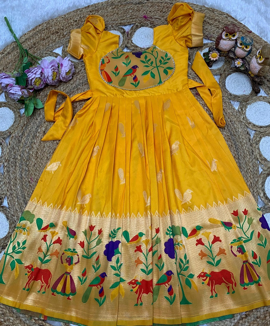 Evanik Yellow Soft Paithani Silk Zari Weaving Birds Pattern Kids Gown | Grocsy