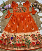 Evanik Orange Soft Paithani Silk Zari Weaving Birds Pattern Kids Gown | Grocsy