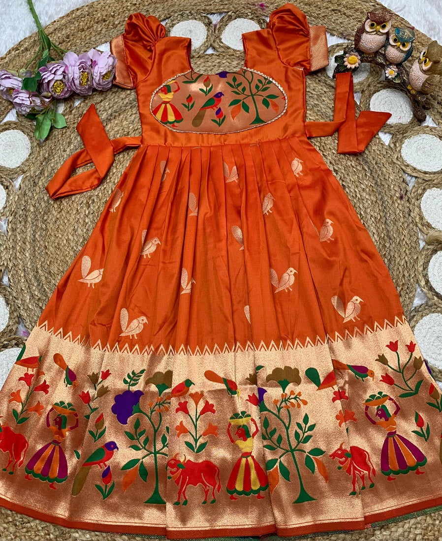Evanik Orange Soft Paithani Silk Zari Weaving Birds Pattern Kids Gown | Grocsy