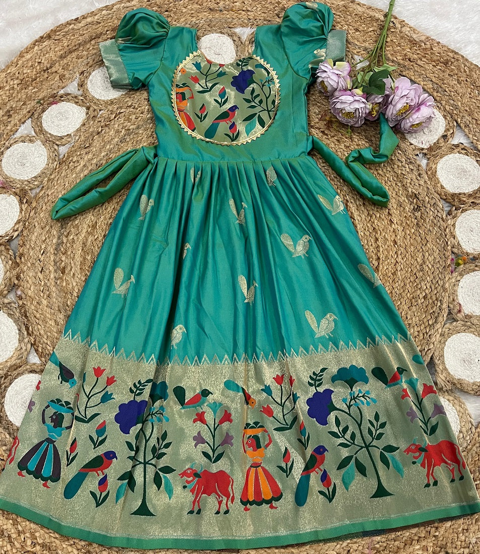 Evanik Rama Green Soft Paithani Silk Zari Weaving Birds Pattern Kids Gown | Grocsy