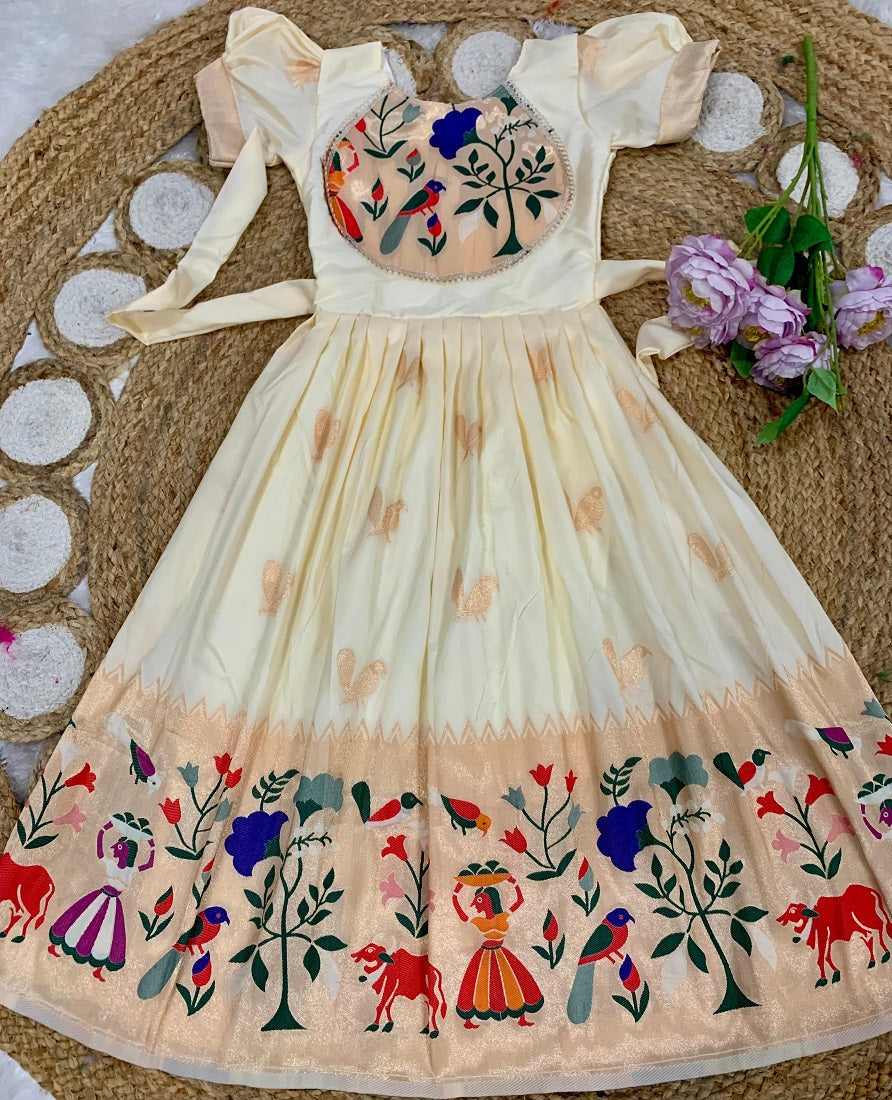 Evanik White Soft Paithani Silk Zari Weaving Birds Pattern Kids Gown | Grocsy