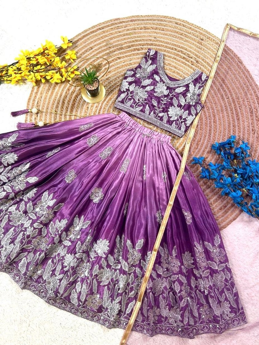 Evanik Purple Designer Sequence Embroidered Work Wedding Kids Lehenga Choli | Grocsy