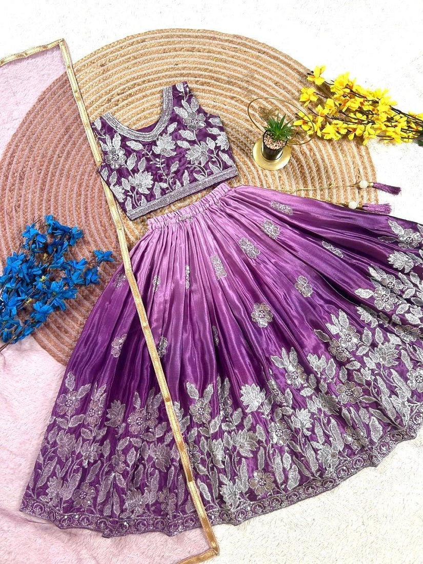 Evanik Purple Designer Sequence Embroidered Work Wedding Kids Lehenga Choli | Grocsy
