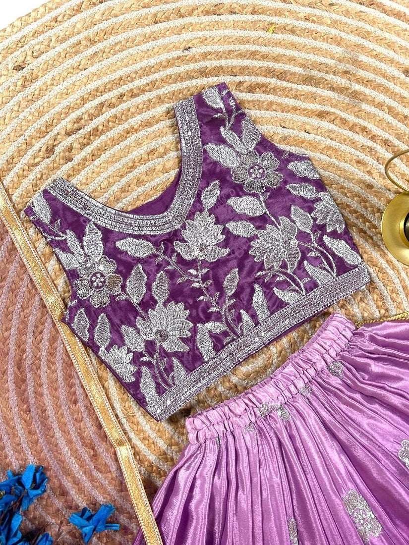Evanik Purple Designer Sequence Embroidered Work Wedding Kids Lehenga Choli | Grocsy