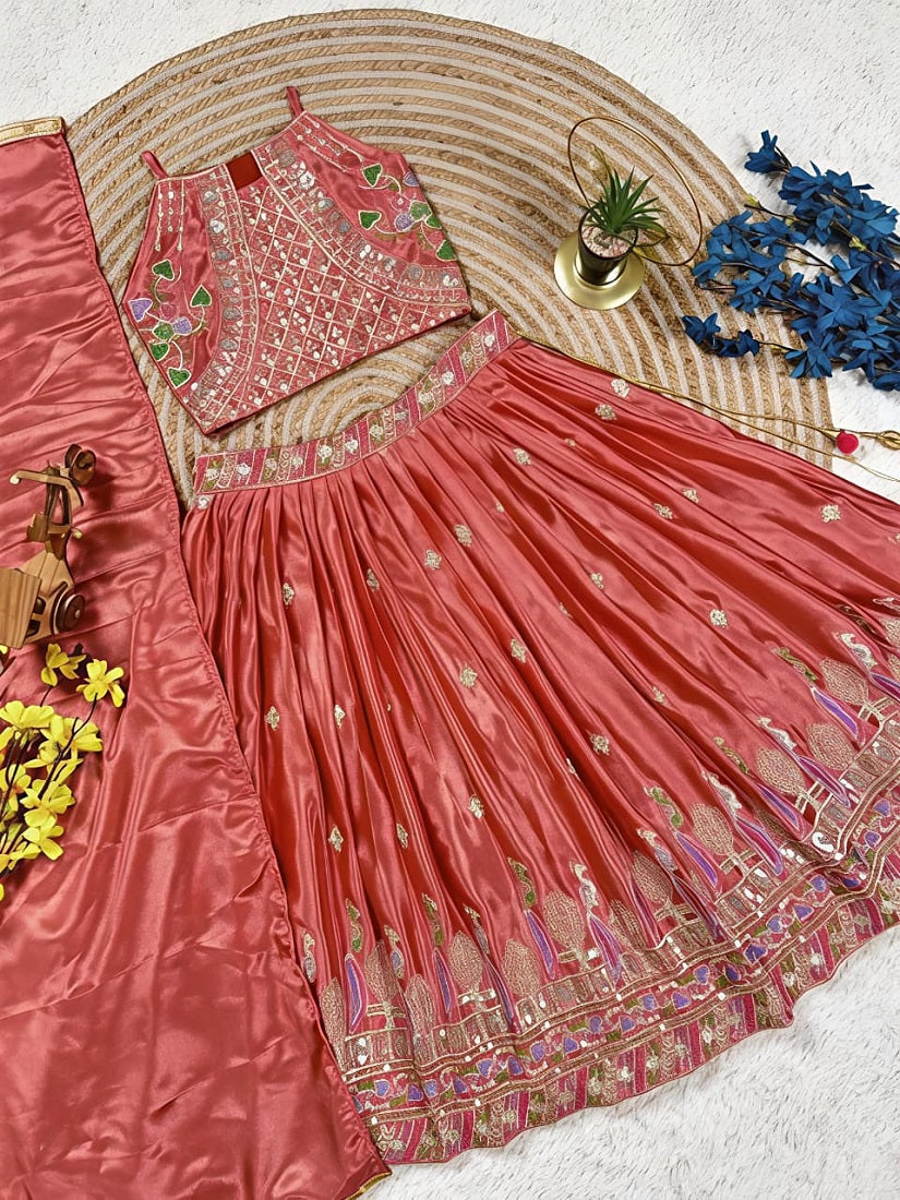 Evanik Kids Girls Pink Embroidered Silk Lehenga Choli Set with Dupatta | Grocsy
