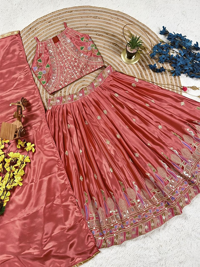 Evanik Kids Girls Pink Embroidered Silk Lehenga Choli Set with Dupatta | Grocsy