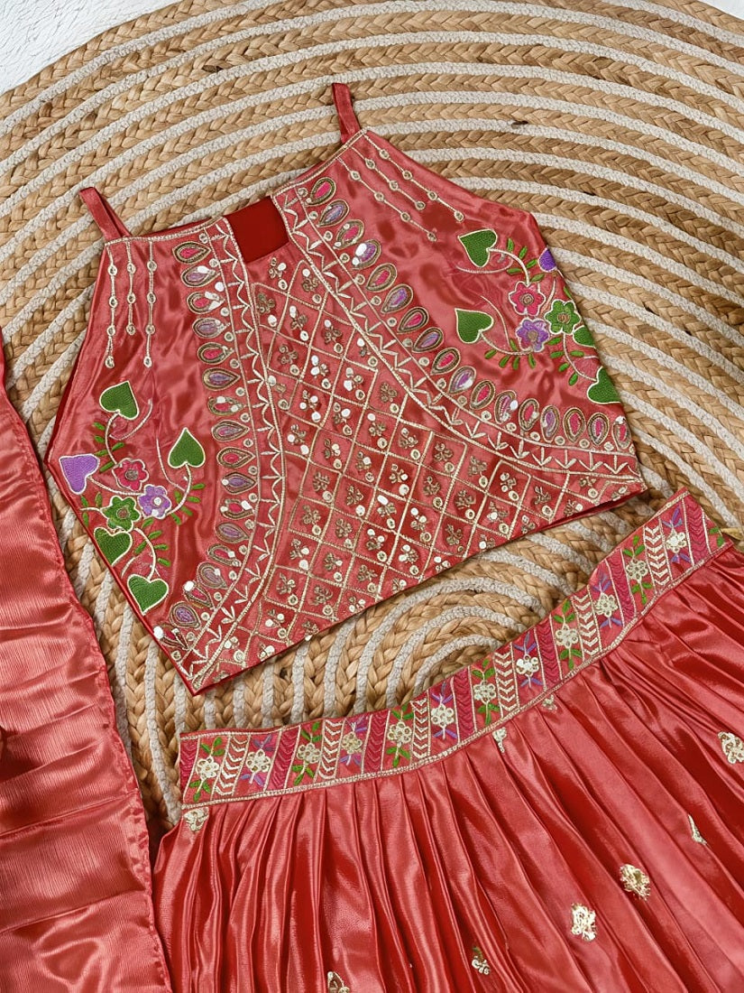 Evanik Kids Girls Pink Embroidered Silk Lehenga Choli Set with Dupatta | Grocsy