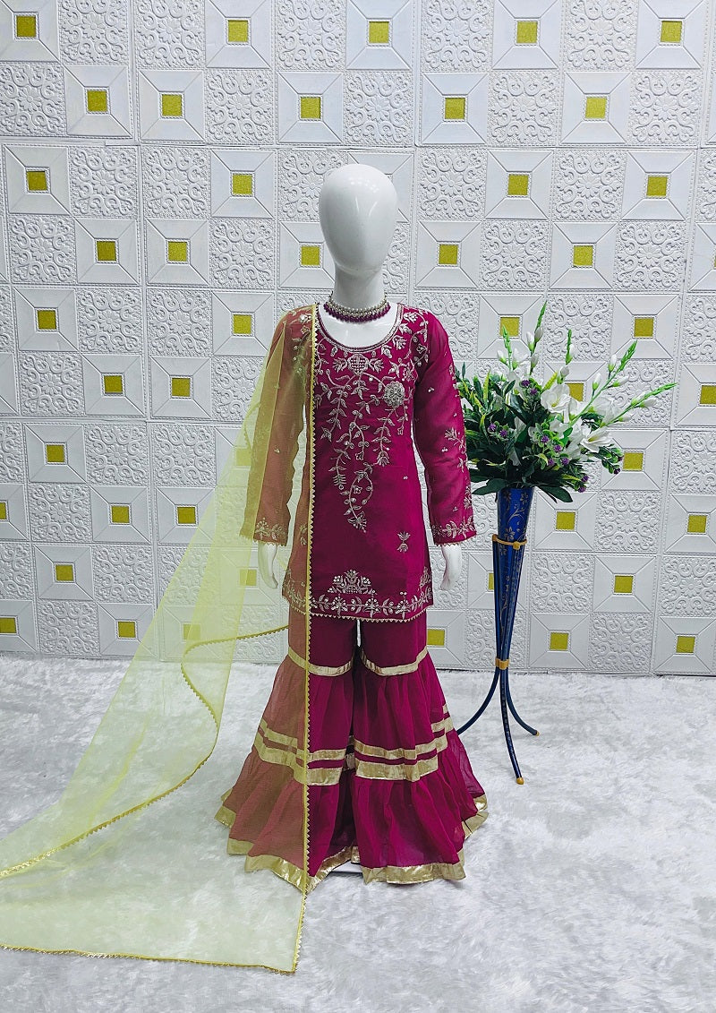 Evanik Designer Girls Ranipink Georgette Embroidered Kurta Gharara Set with Net Dupatta | Grocsy