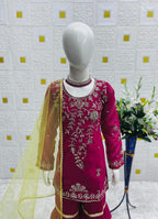 Evanik Designer Girls Ranipink Georgette Embroidered Kurta Gharara Set with Net Dupatta | Grocsy
