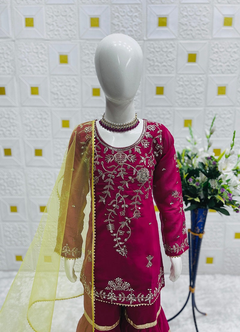 Evanik Designer Girls Ranipink Georgette Embroidered Kurta Gharara Set with Net Dupatta | Grocsy