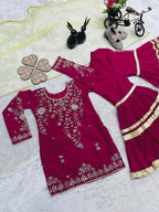 Evanik Designer Girls Ranipink Georgette Embroidered Kurta Gharara Set with Net Dupatta | Grocsy