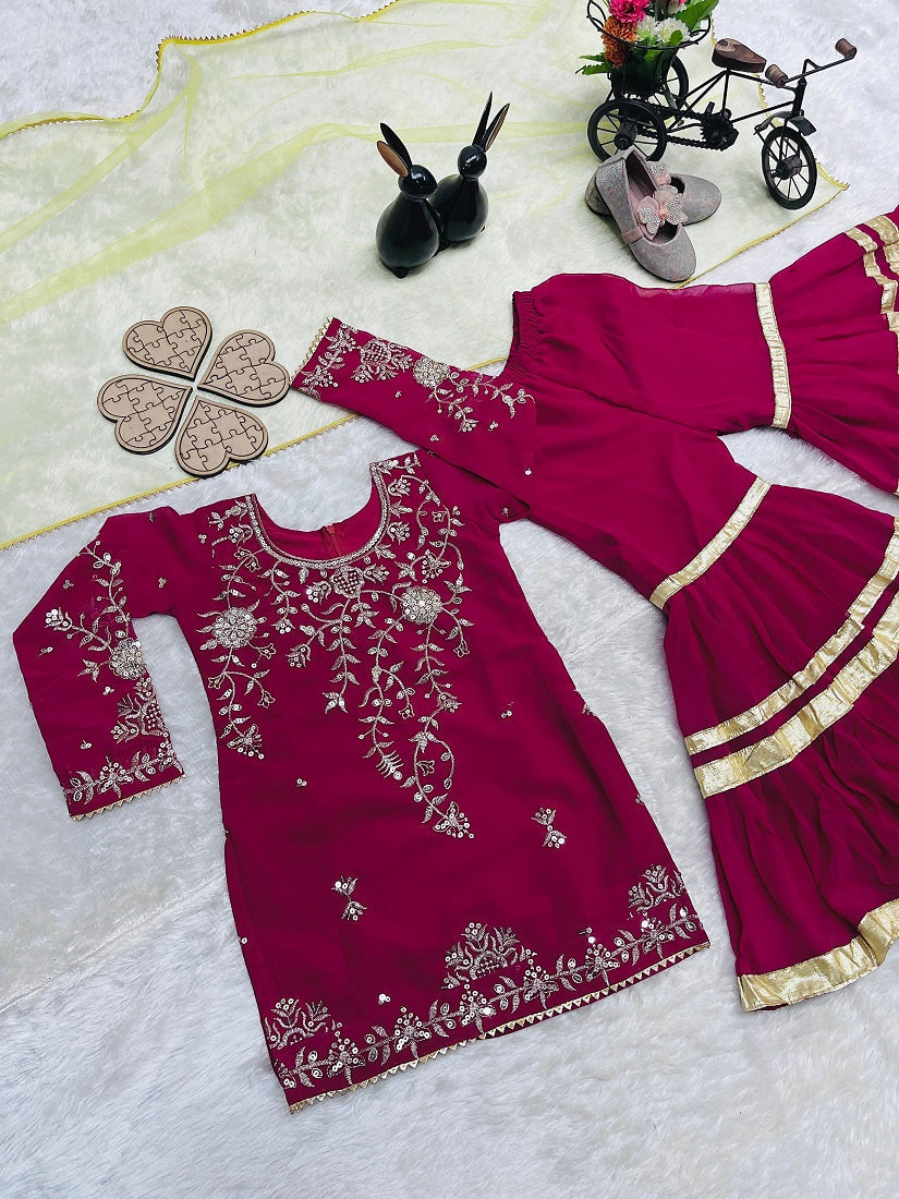Evanik Designer Girls Ranipink Georgette Embroidered Kurta Gharara Set with Net Dupatta | Grocsy