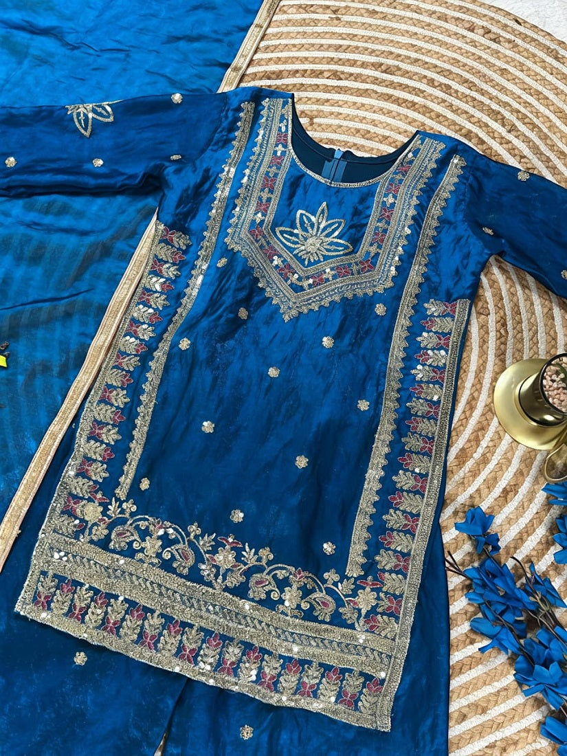 Evanik Royal Blue Embroidered Kids Palazzo Suit with Plain Dupatta PartyWear Ethnic Set for Girls | Grocsy