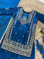 Evanik Royal Blue Embroidered Kids Palazzo Suit with Plain Dupatta PartyWear Ethnic Set for Girls | Grocsy