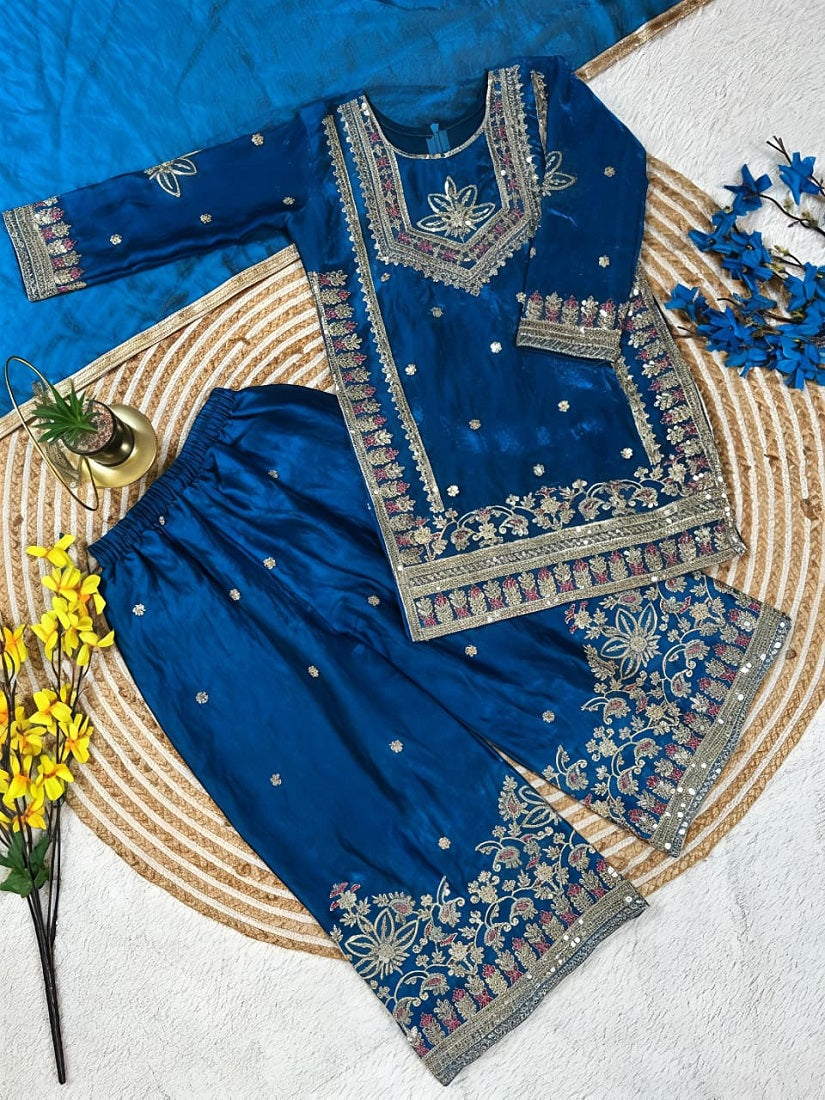 Evanik Royal Blue Embroidered Kids Palazzo Suit with Plain Dupatta PartyWear Ethnic Set for Girls | Grocsy