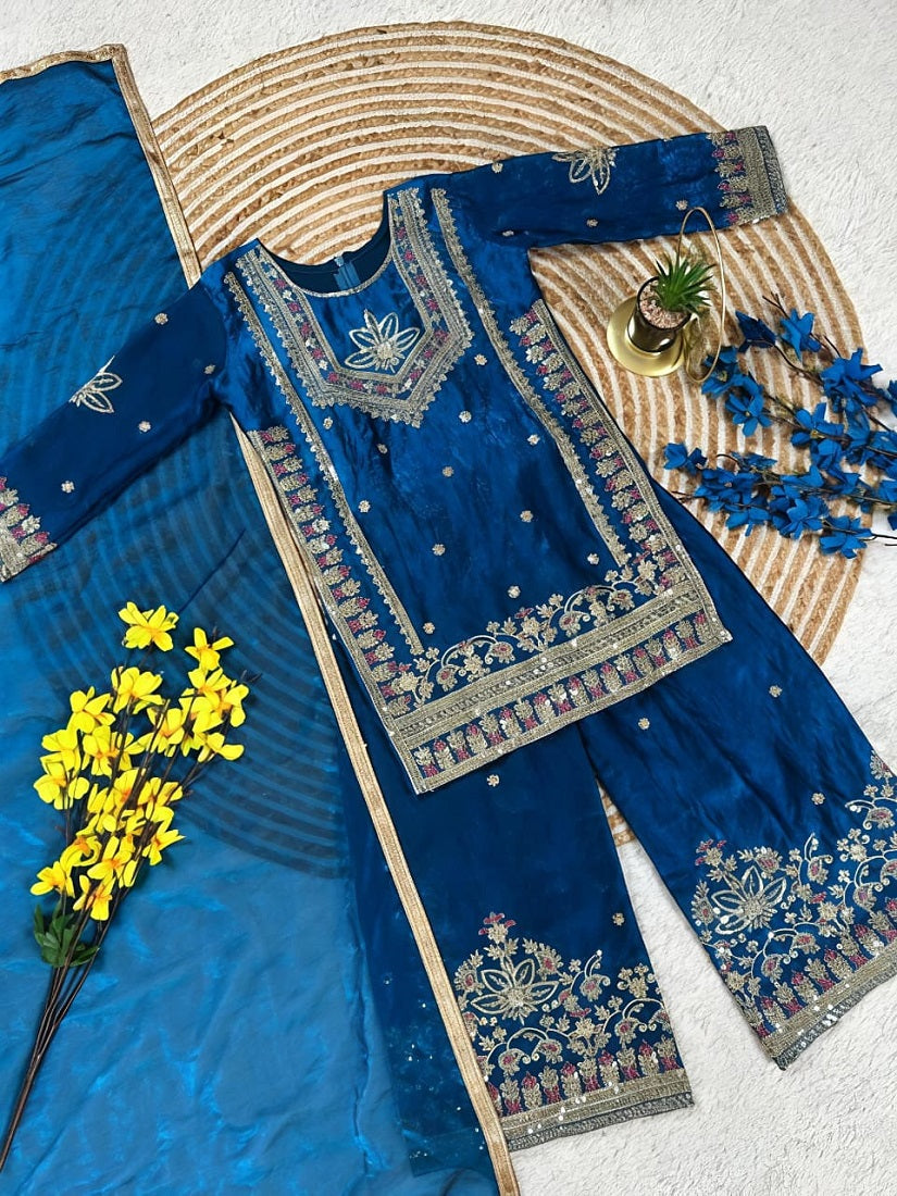 Evanik Royal Blue Embroidered Kids Palazzo Suit with Plain Dupatta PartyWear Ethnic Set for Girls | Grocsy