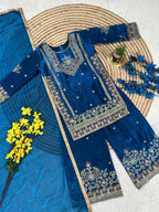 Evanik Royal Blue Embroidered Kids Palazzo Suit with Plain Dupatta PartyWear Ethnic Set for Girls | Grocsy