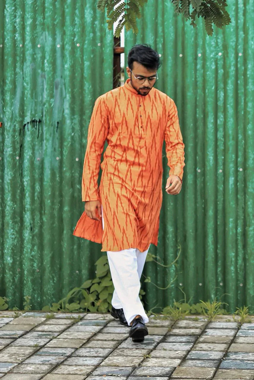 Jompers Men's Orange Printed Kurta Only | Grocsy