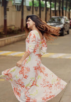 Jompers Women White & Orange Floral Printed Rayon Flared Kurta | Grocsy