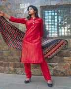 Jompers Women Red & Black Self-Striped Kurta with Trousers & Dupatta | Grocsy