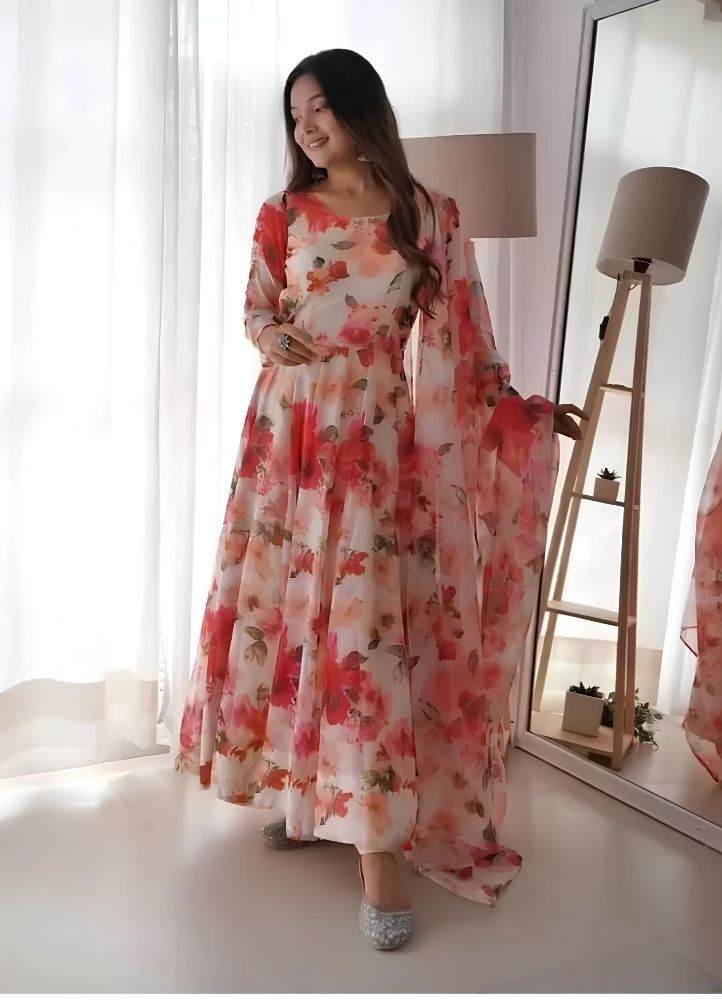 Indian Clothing Dishitha Creation Women Floral Printed Designer Gown - Pink | Grocsy