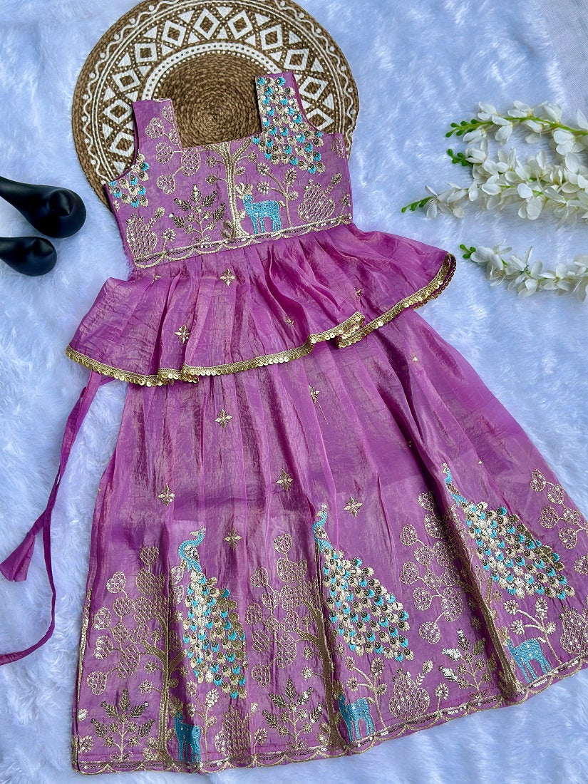 Evanik Pink Pure Gold Crush With Peacock Design Work Kids Lehenga Choli | Grocsy