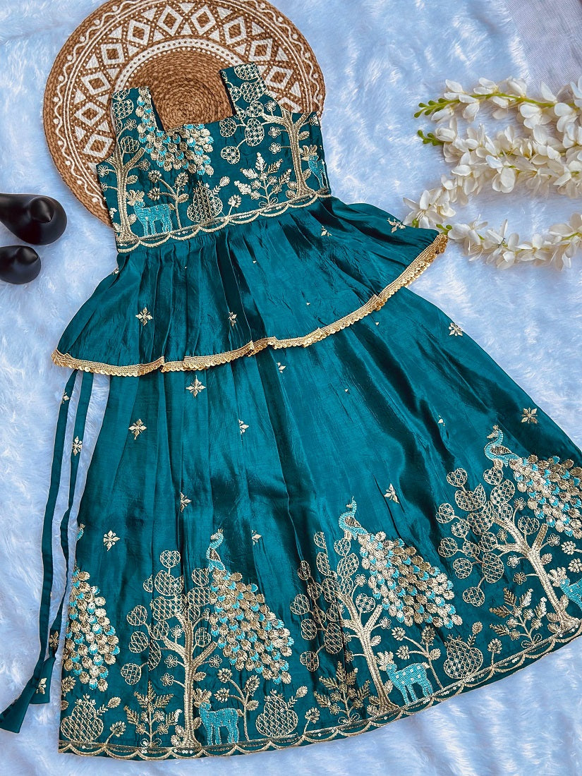 Evanik Blue Pure Gold Crush With Peacock Design Work Kids Lehenga Choli | Grocsy