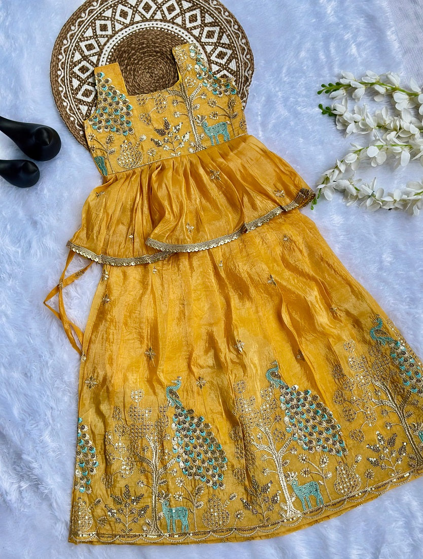 Evanik Yellow Pure Gold Crush With Peacock Design Work Kids Lehenga Choli | Grocsy