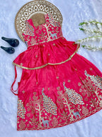 Evanik Pink Pure Gold Crush With Peacock Design Work Kids Lehenga Choli | Grocsy