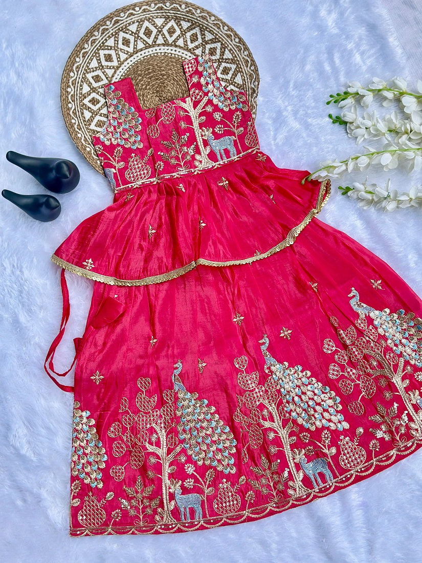 Evanik Pink Pure Gold Crush With Peacock Design Work Kids Lehenga Choli | Grocsy