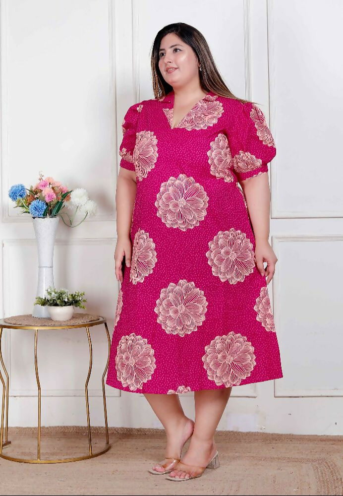 Miravan Plus Size Womens Pink Printed Collar Neck Short Puff Sleeves Cotton A-Line Maxi Dress | Grocsy