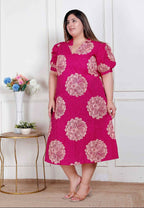 Miravan Plus Size Womens Pink Printed Collar Neck Short Puff Sleeves Cotton A-Line Maxi Dress | Grocsy