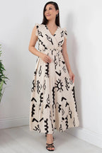 Pimu V-Neck Maxi Dress with White Graphic Print | Grocsy