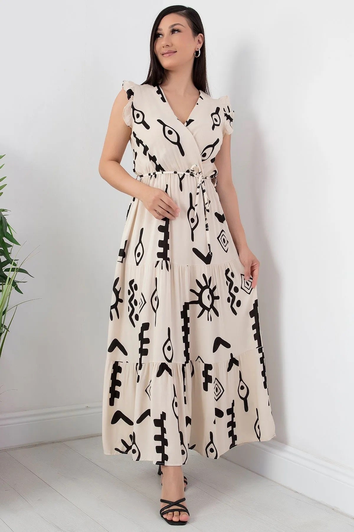 Pimu V-Neck Maxi Dress with White Graphic Print | Grocsy