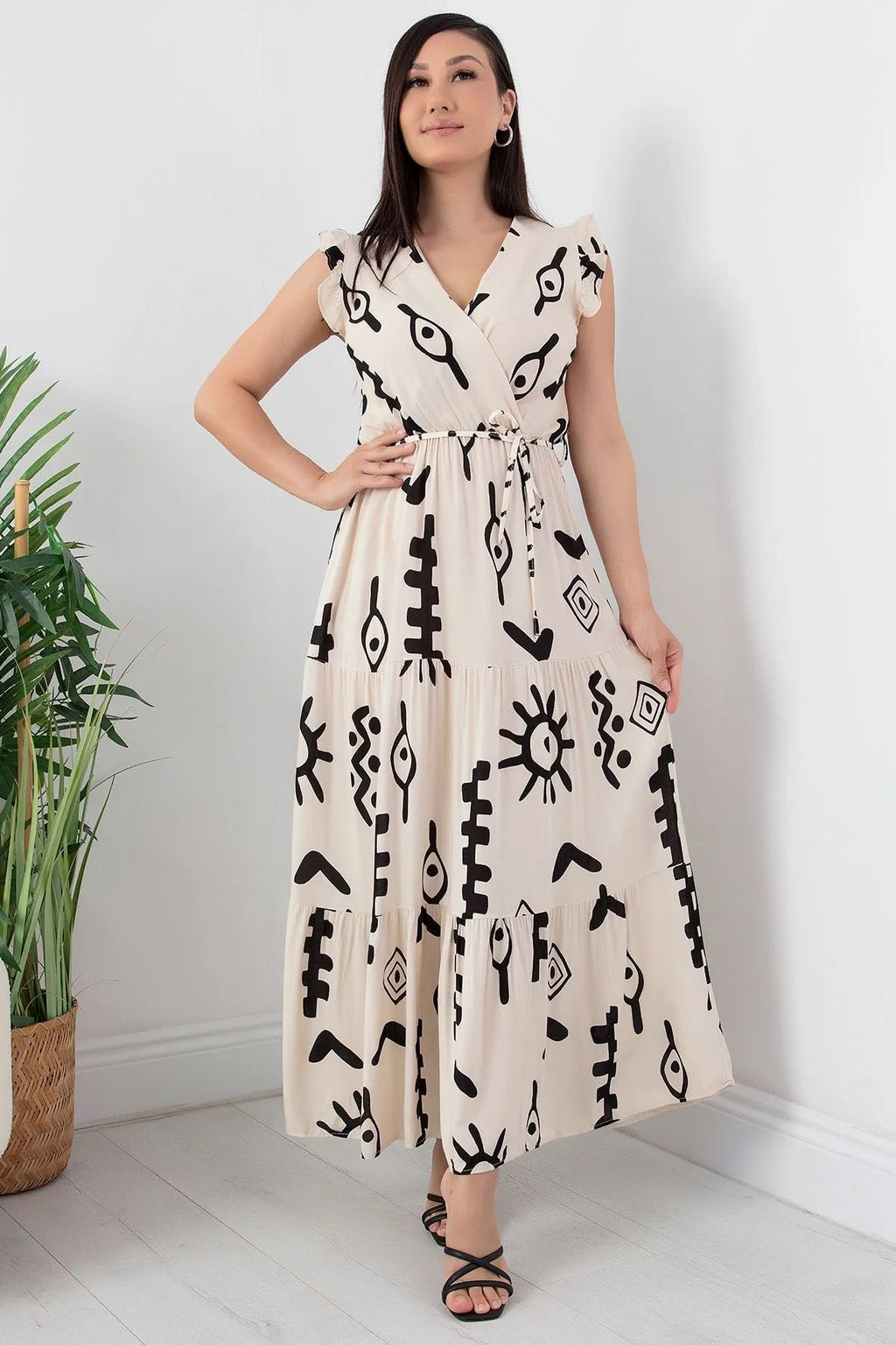 Pimu V-Neck Maxi Dress with White Graphic Print | Grocsy