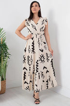 Pimu V-Neck Maxi Dress with White Graphic Print | Grocsy