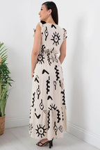 Pimu V-Neck Maxi Dress with White Graphic Print | Grocsy