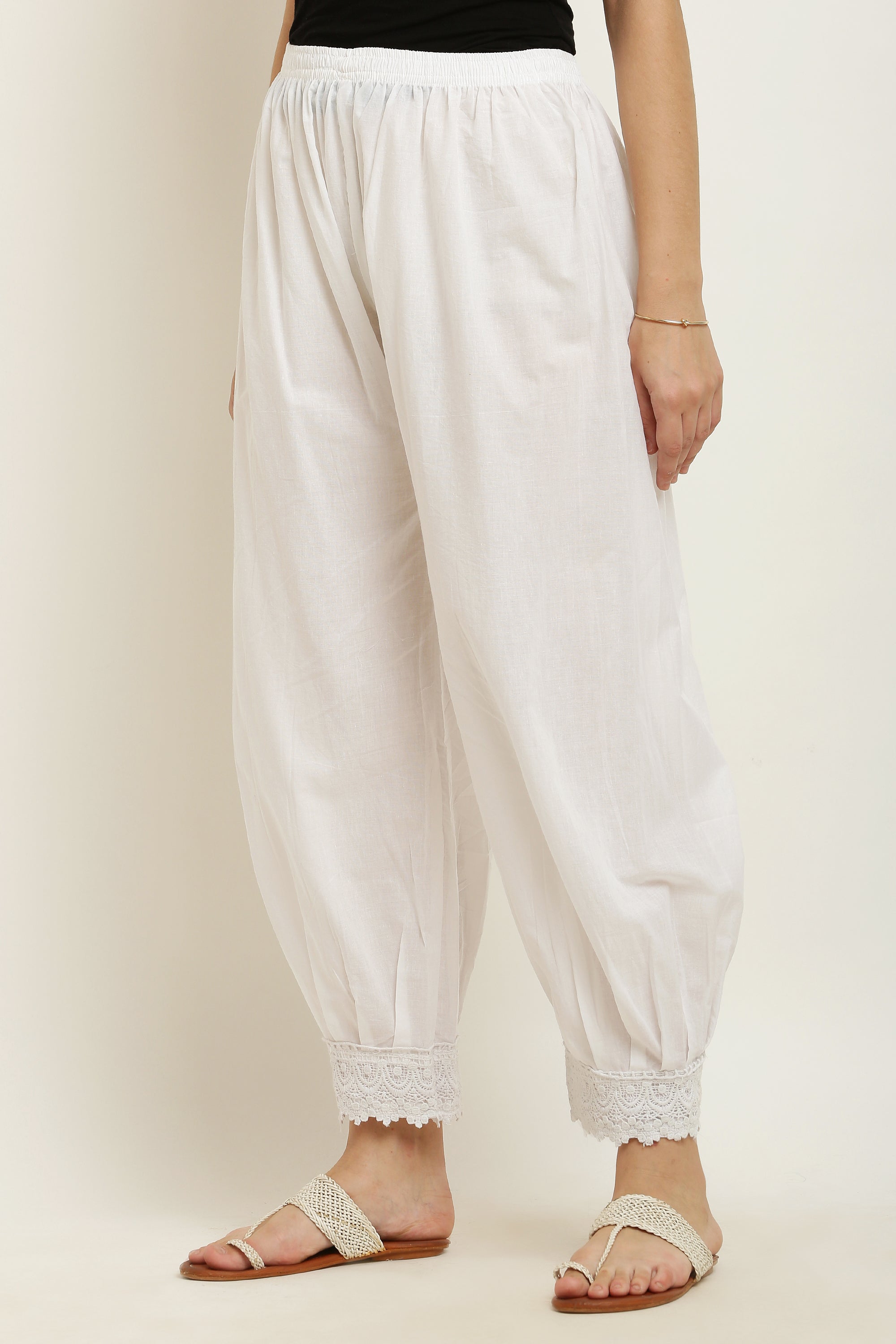 PAVONINE White Color Afghani Style Lace Hem Cotton Fabric Palazzo For Women | Grocsy