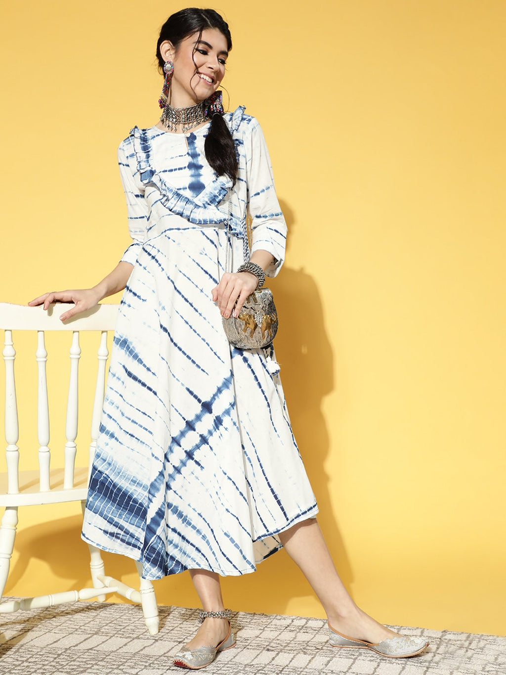 Yufta White & Blue Tie-Dyed Dress | Grocsy