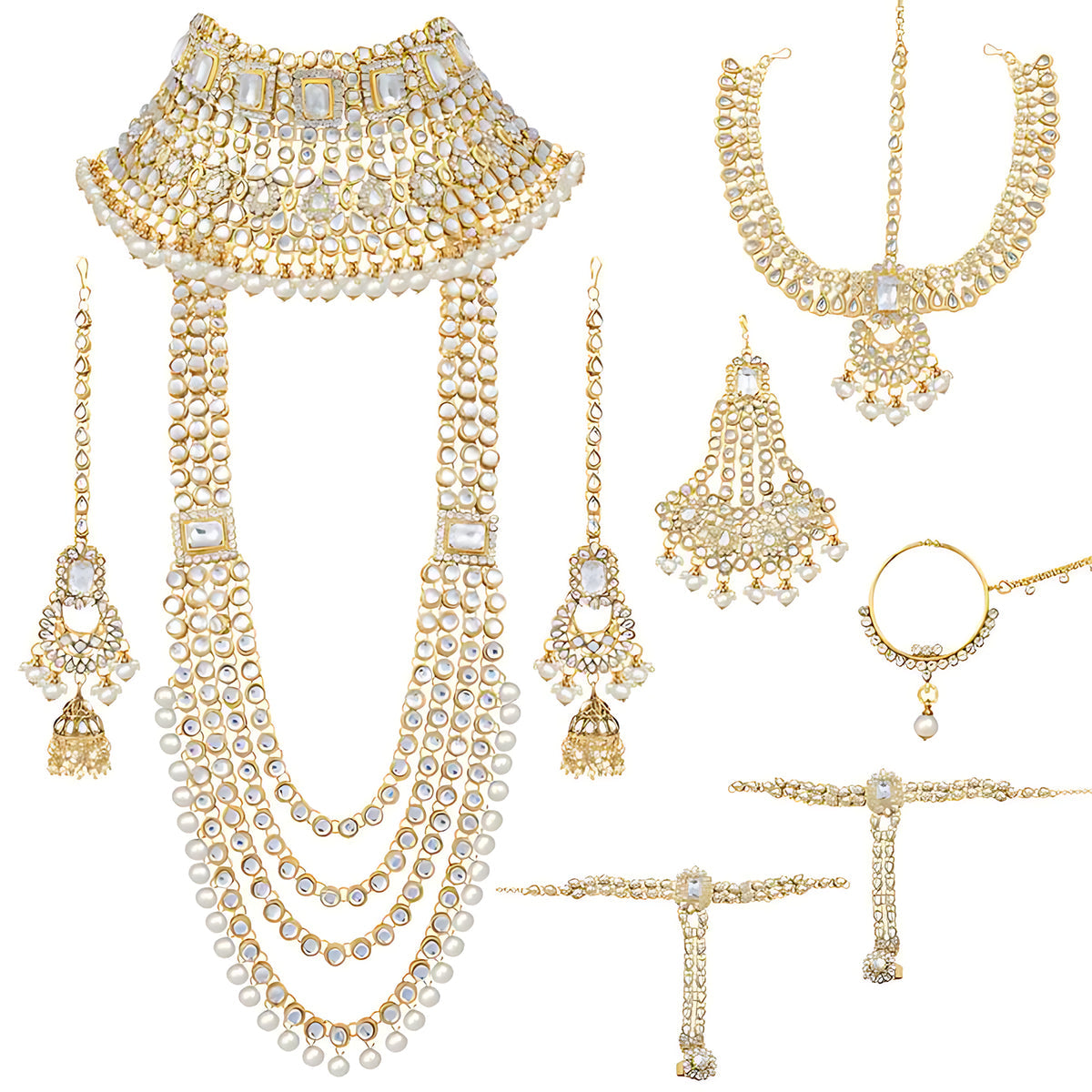 Jewel City Complete Bridal Kundan Jewelry Set - 8-Piece Royal Indian Wedding Collection with Choker, Rani Haar, Earrings, Maang Tikka & Mathapatti | Grocsy