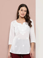 Yufta White Floral Chikankari Embroidered Pure Cotton Top | Grocsy
