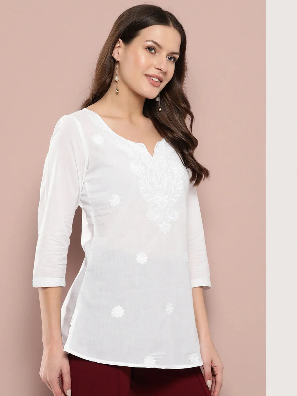 Yufta White Floral Chikankari Embroidered Pure Cotton Top | Grocsy