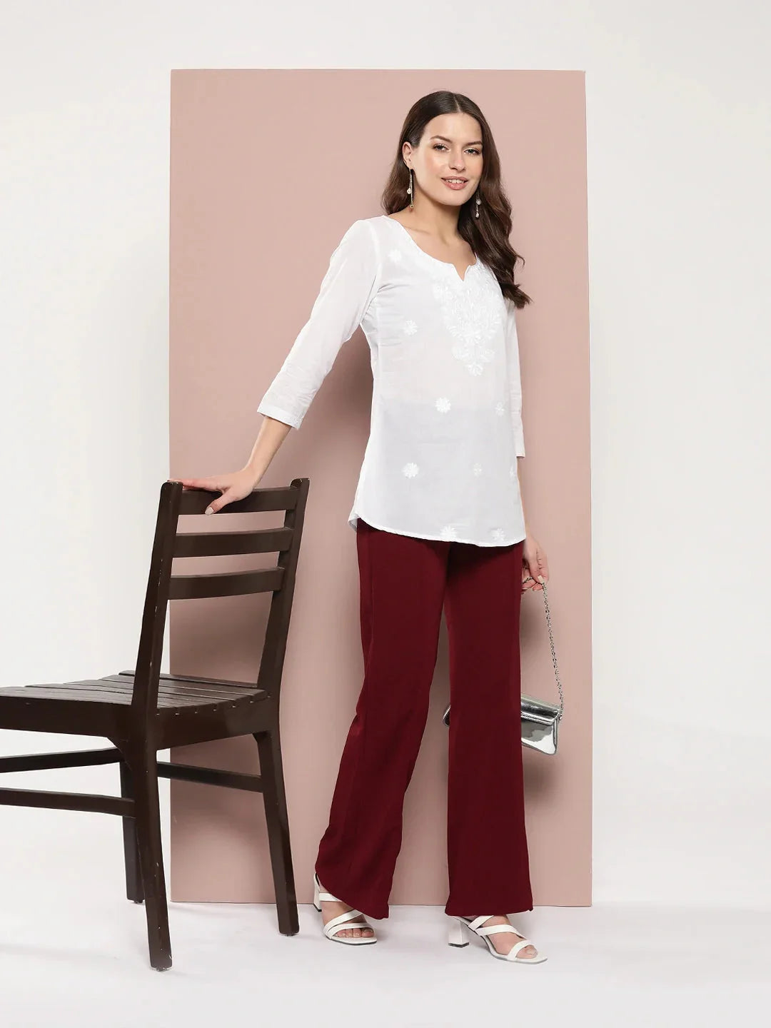 Yufta White Floral Chikankari Embroidered Pure Cotton Top | Grocsy