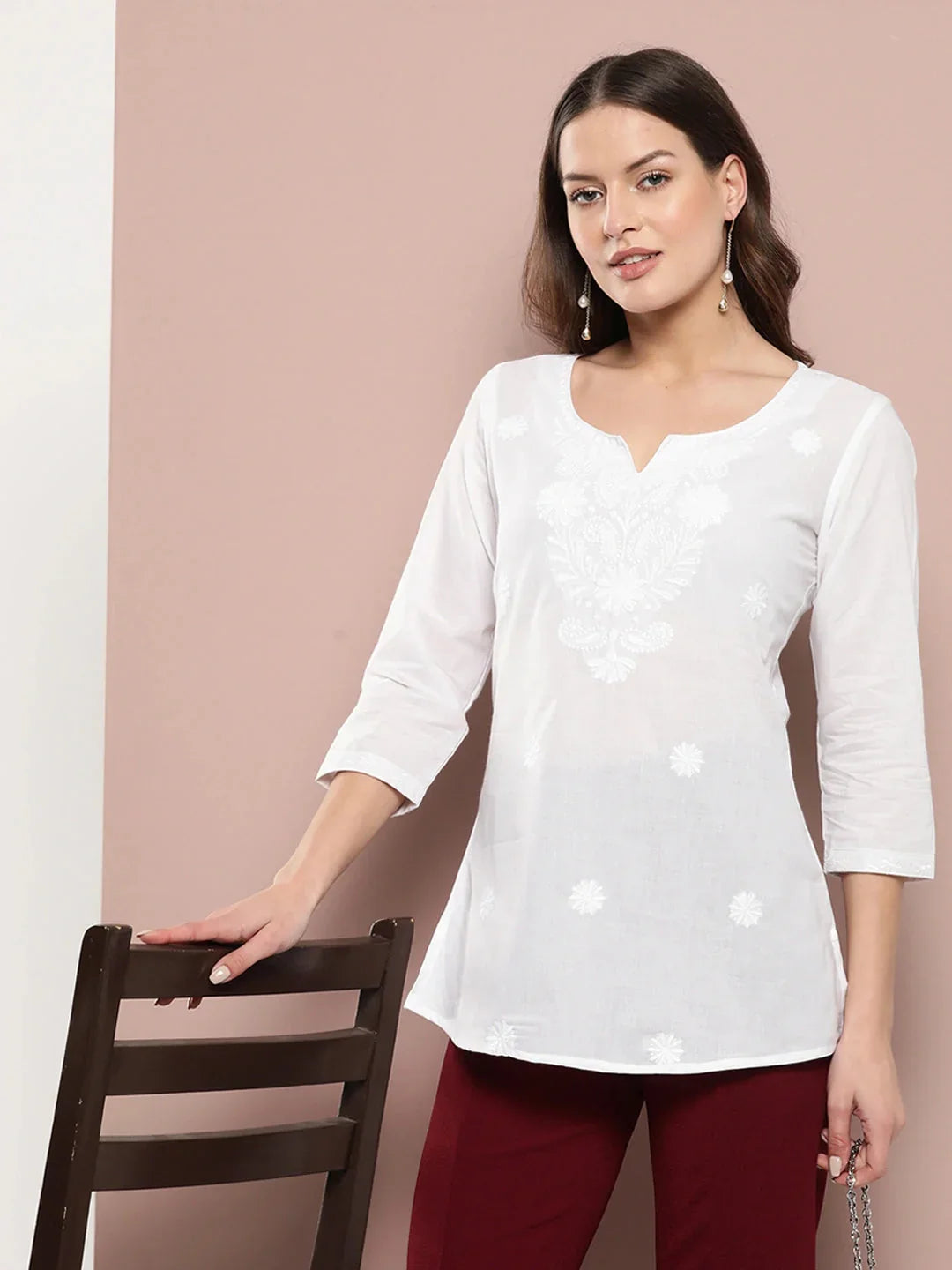 Yufta White Floral Chikankari Embroidered Pure Cotton Top | Grocsy