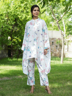 Yufta White Floral Print Kaftan Kurta with Trousers Co-Ords | Grocsy