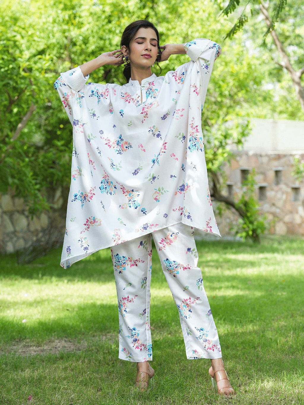 Yufta White Floral Print Kaftan Kurta with Trousers Co-Ords | Grocsy