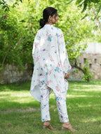 Yufta White Floral Print Kaftan Kurta with Trousers Co-Ords | Grocsy